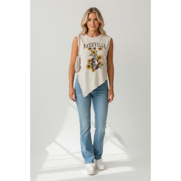 Streetwear Society Tops - NEW Nashville Sunflower Guitar Tank Top Size Medium Beige Graphic Tee